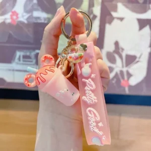 ยกโหล 12 ชิ้น พวงกุญแจไอศกรีมและชานมไข่มุก สีชมพู จี้ห้อยกระเป๋าสไตล์เกาหลี