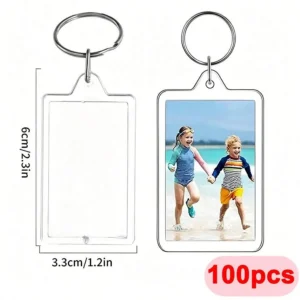 พวงกุญแจกรอบรูปอะคริลิกใส ทรงสี่เหลี่ยมผืนผ้ามุมโค้ง อะคริลิกใส DIY สำหรับใส่รูป 2 ด้าน